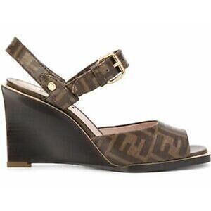 Fendi Dark Brown FF Motif Logo Ankle Strap Sandal Peep Toe Heel Pump Wedge 39.5